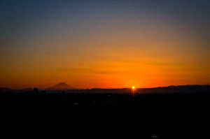 夕景の富士山と日没